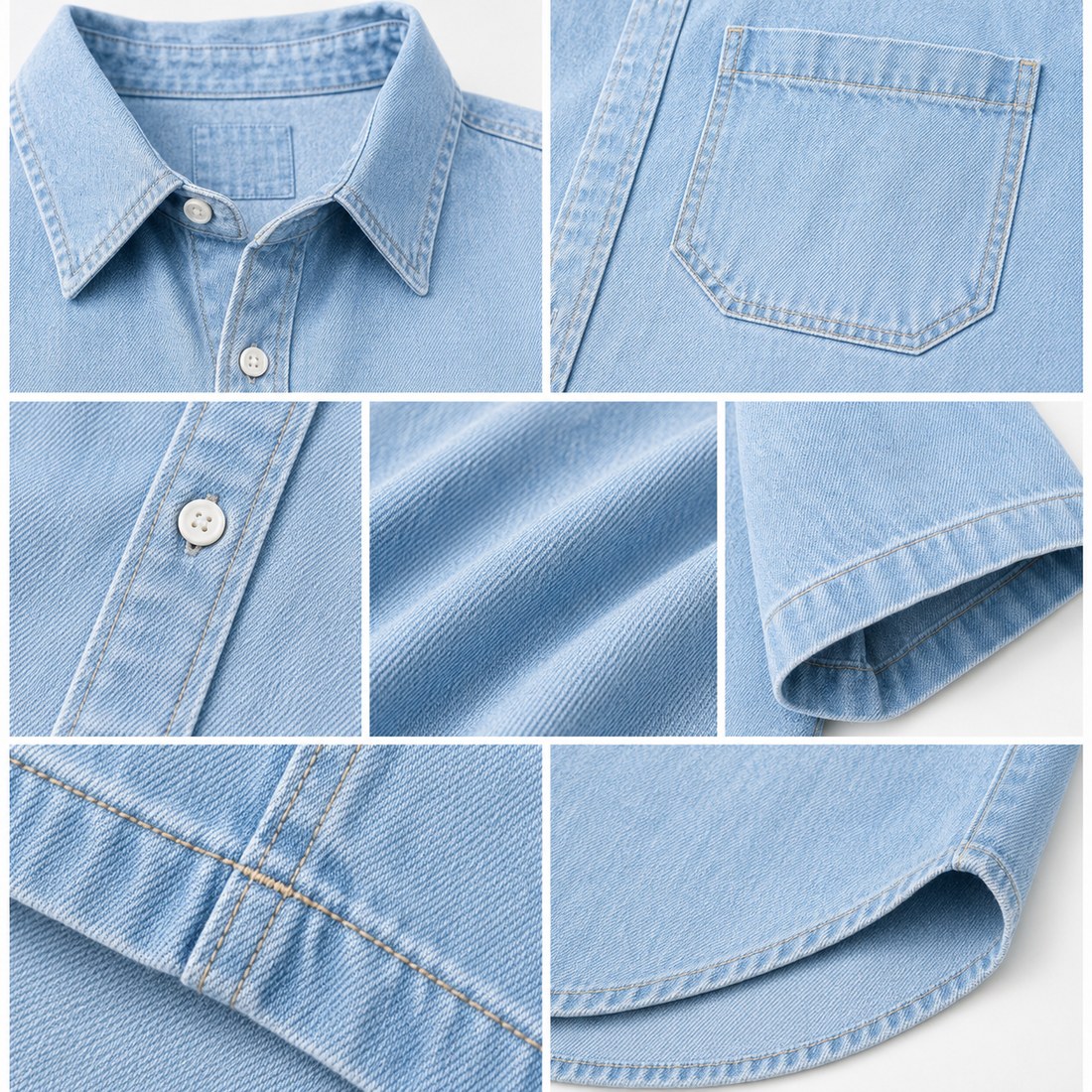 Close-up details of collar, buttons, pocket, stitching, sleeve and curved hem