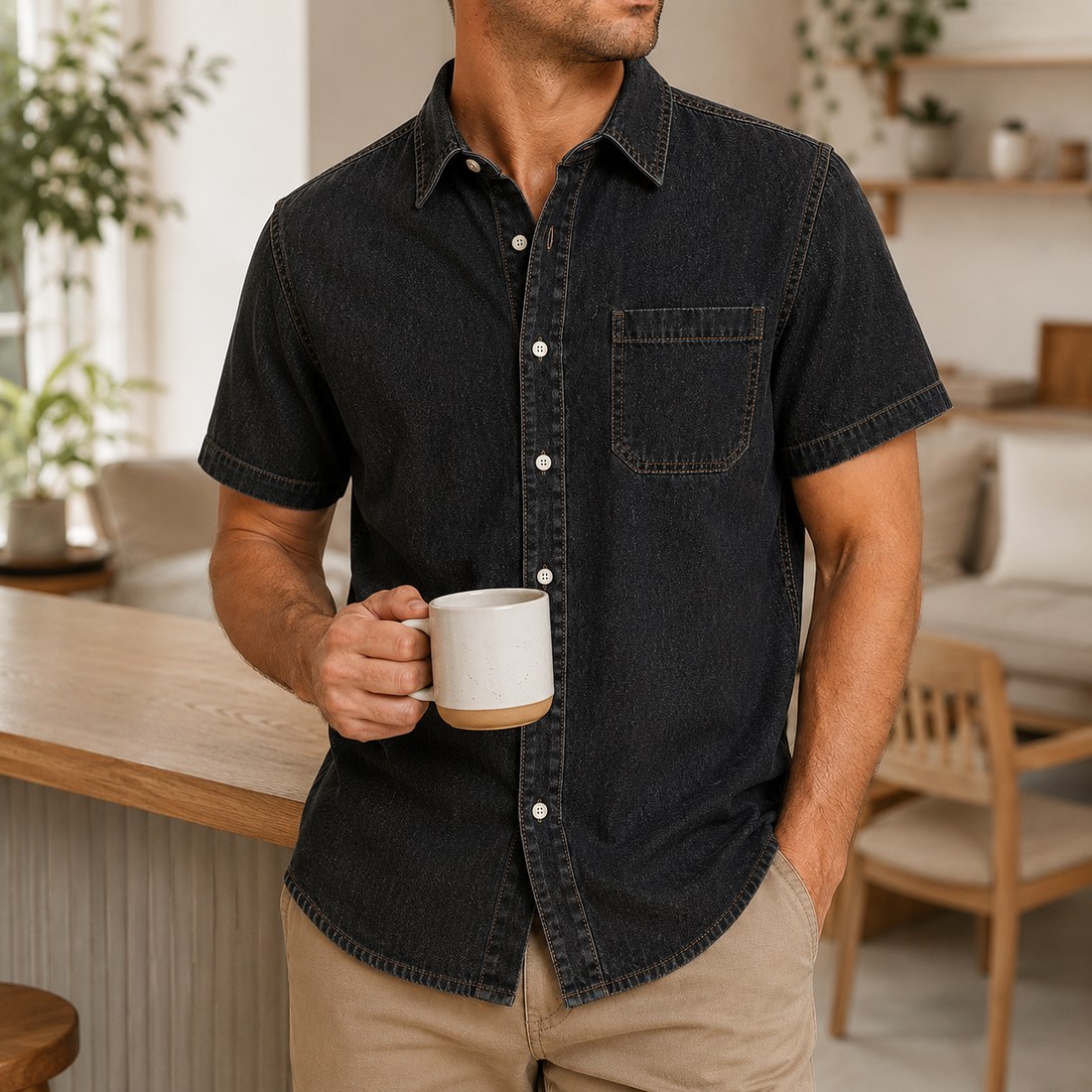 Model wearing black short-sleeve button-up shirt in a relaxed indoor coffee setting