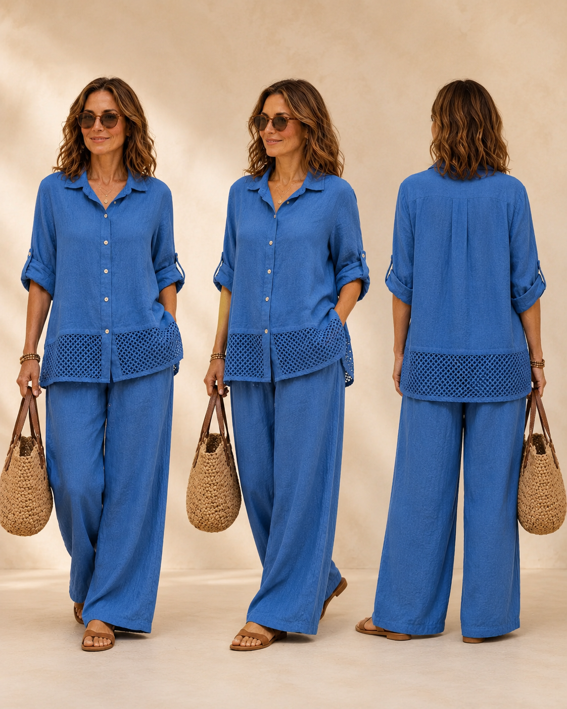 Model front side and back view in blue colorway