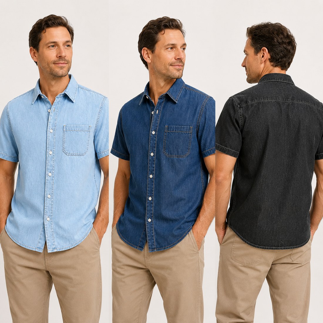 Model try-on views showing front, side and back fit