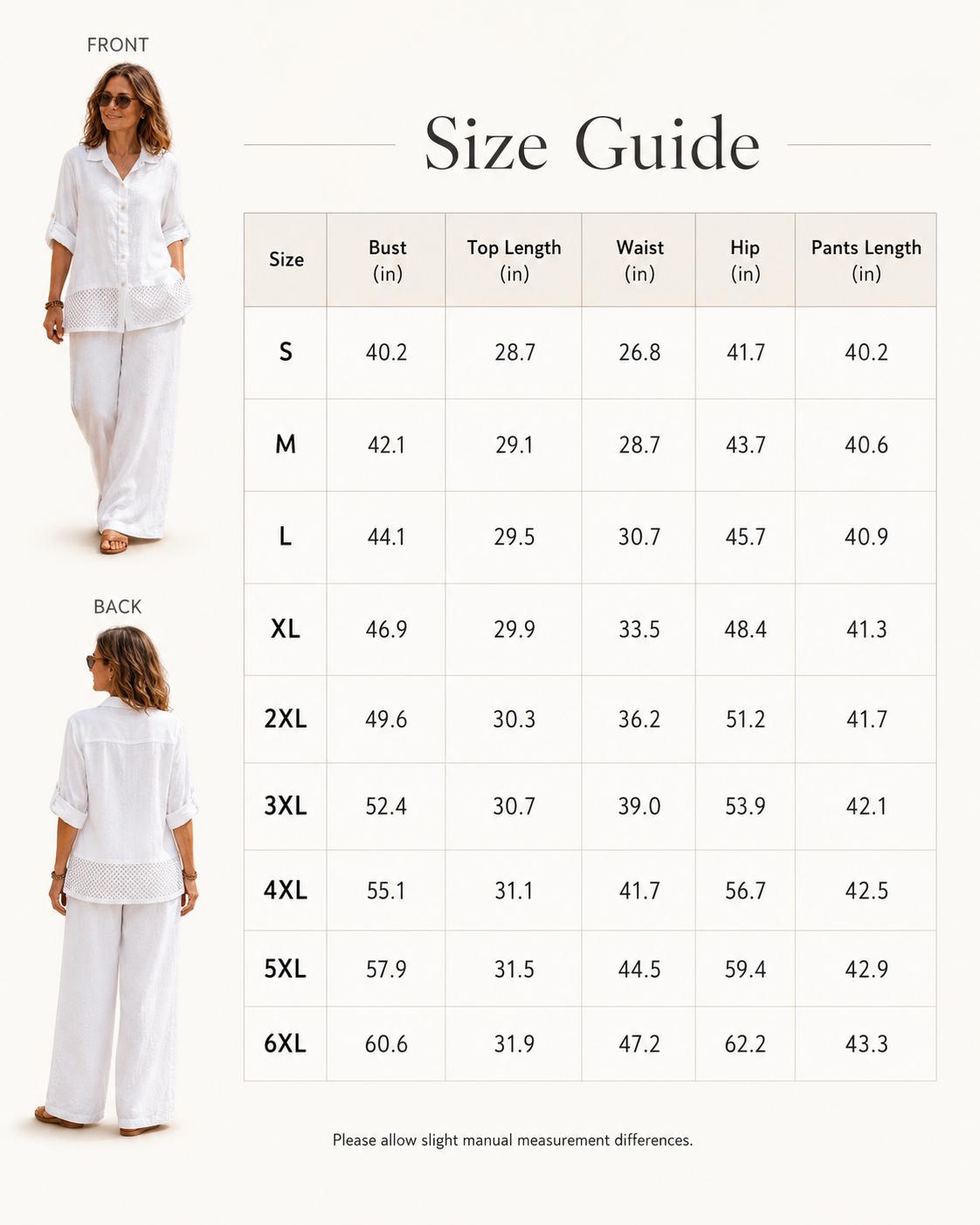 Size guide chart from S to 6XL