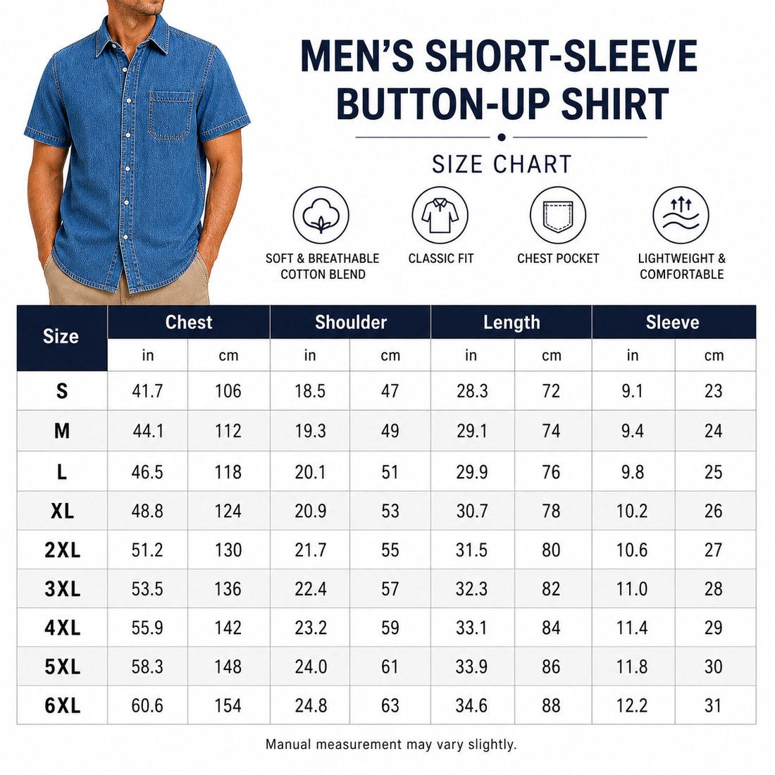 Size chart for men&rsquo;s short-sleeve button-up shirt S to 6XL