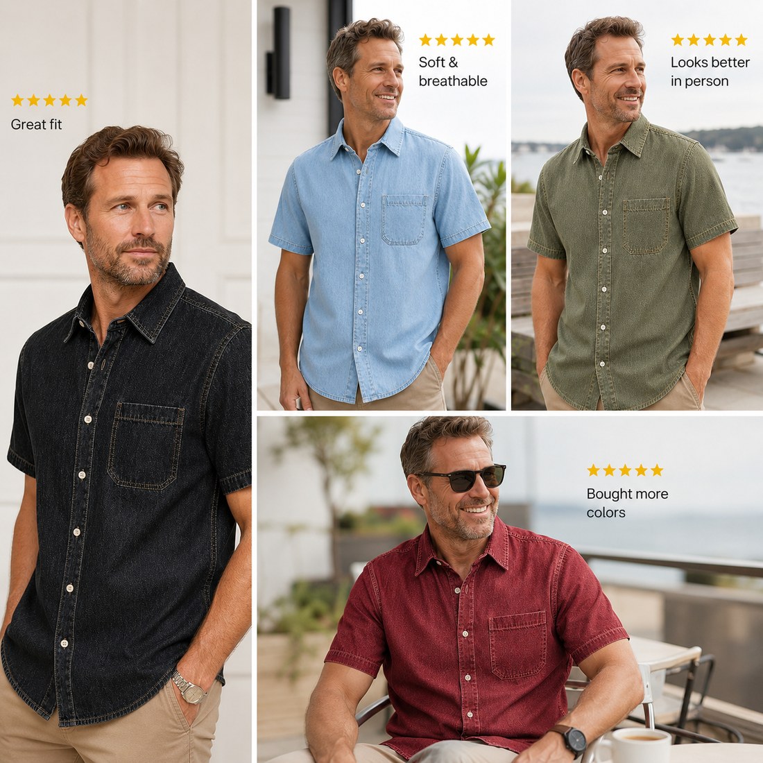 Customer-style try-on review collage with multiple shirt colors