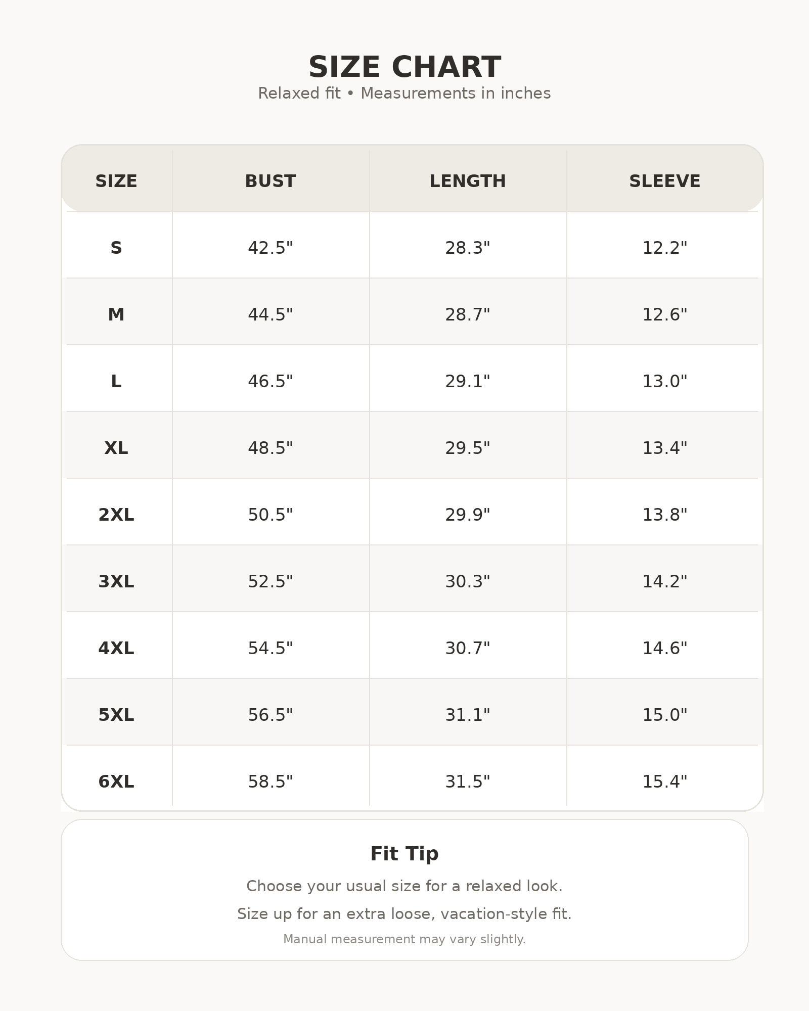 Size chart S to 6XL