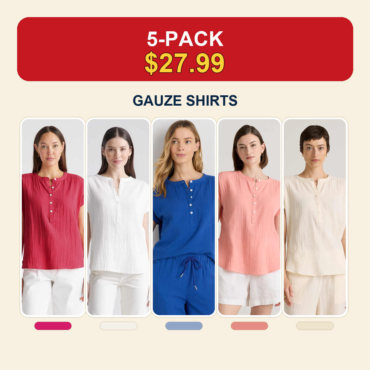 Women0710001 Daily Soft 5-Pack Organic Cotton Gauze Shirts