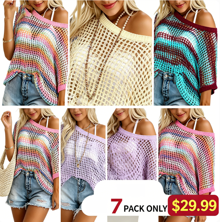 Womens Summer Scoop Neck Short Sleeve Sweater Casual Crochet Hollow Out Knit Tops Pullover Shirts Beach Coverup
