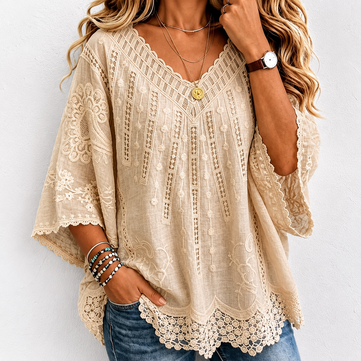 Women's Lavender Embroidered Lace V-NeckBlouse