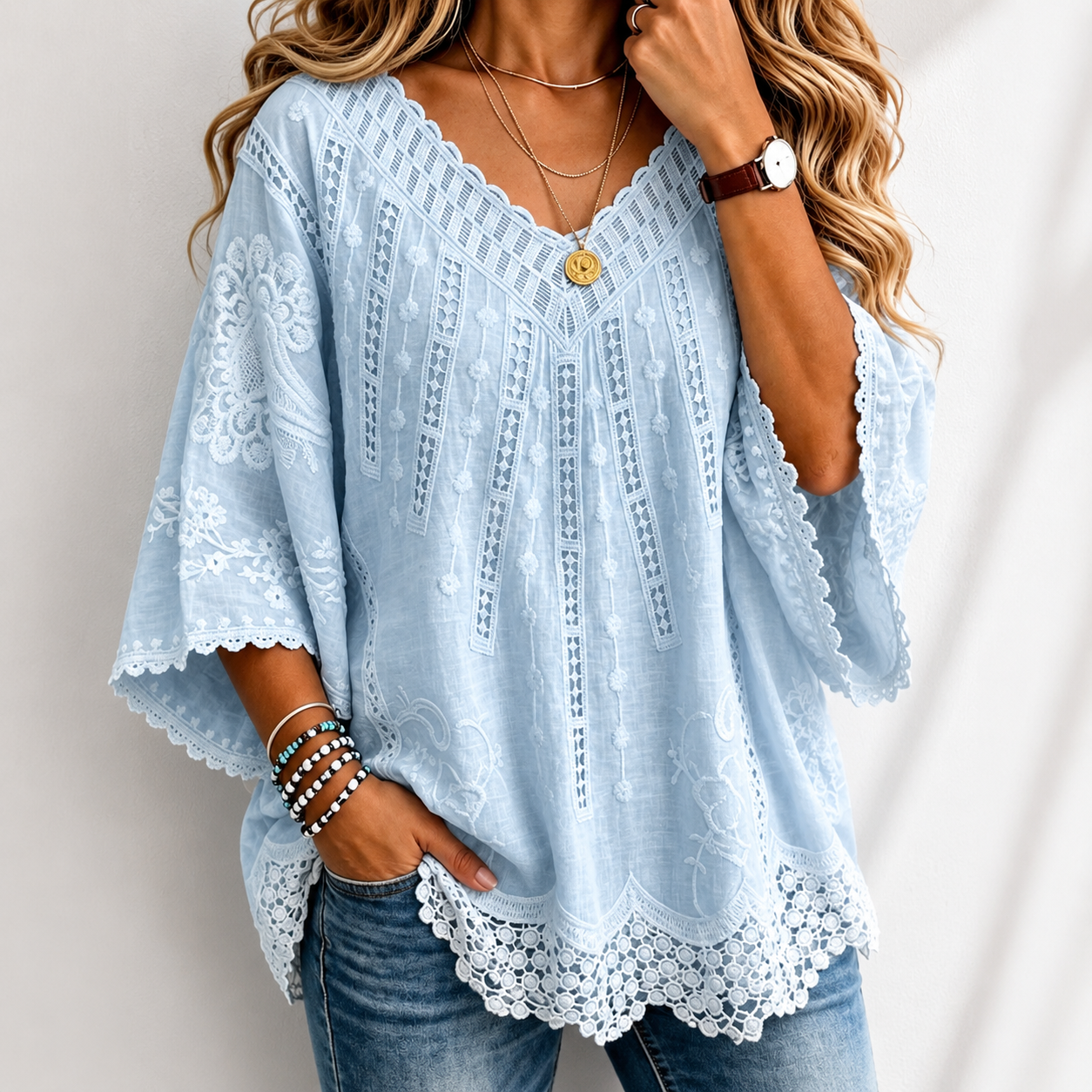 Women's Lavender Embroidered Lace V-NeckBlouse