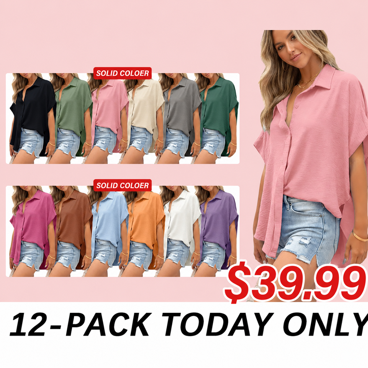 Women's Casual Button Short Sleeve Slit Hem Shirt Solid Color Tops