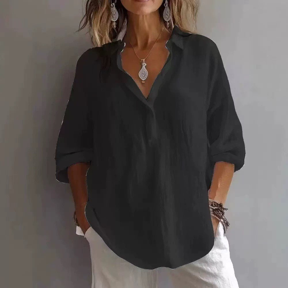Fashion Long-sleeved Lapel Pullover Shirt Casual Loose Solid Color T-shirt Tops Women's Clothing