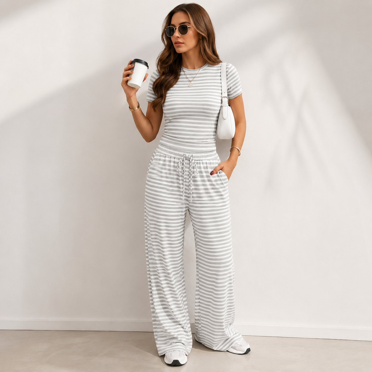 Trendy Queen 2 Piece Matching Summer Lounge Set Womens Side Ruching Top Wide Leg Pants Sets with Pockets