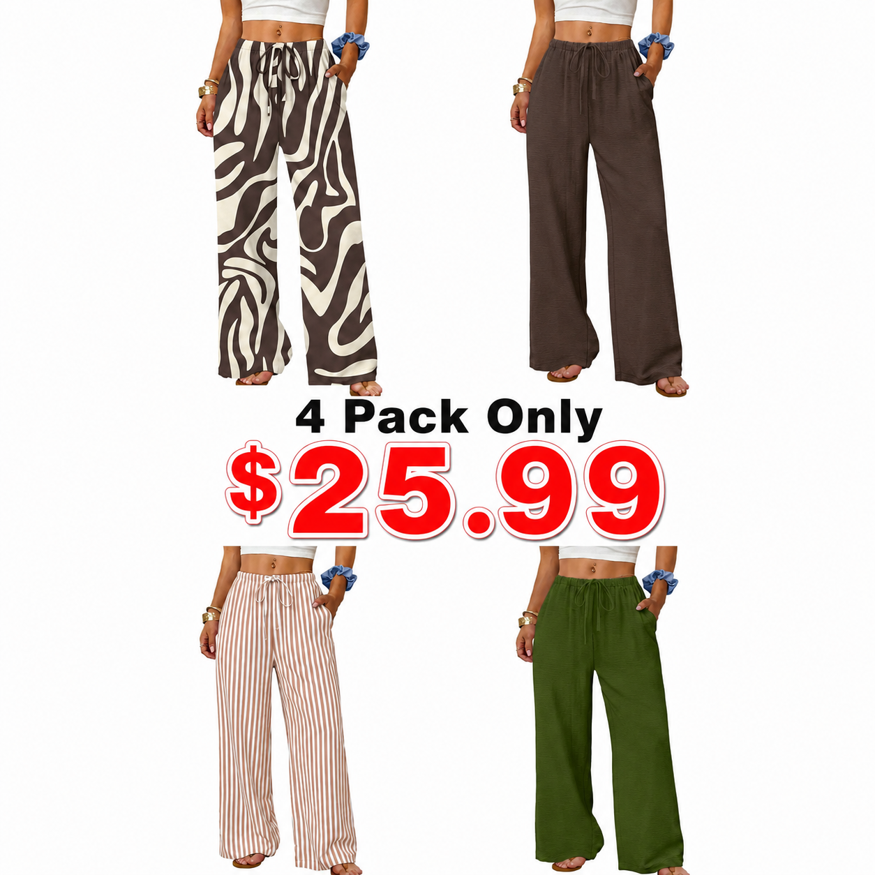 Wide Leg Pants for Women Flowy Palazzo Drawstring Elastic Waist Trousers with Pockets Summer Beach Vacation Clothes