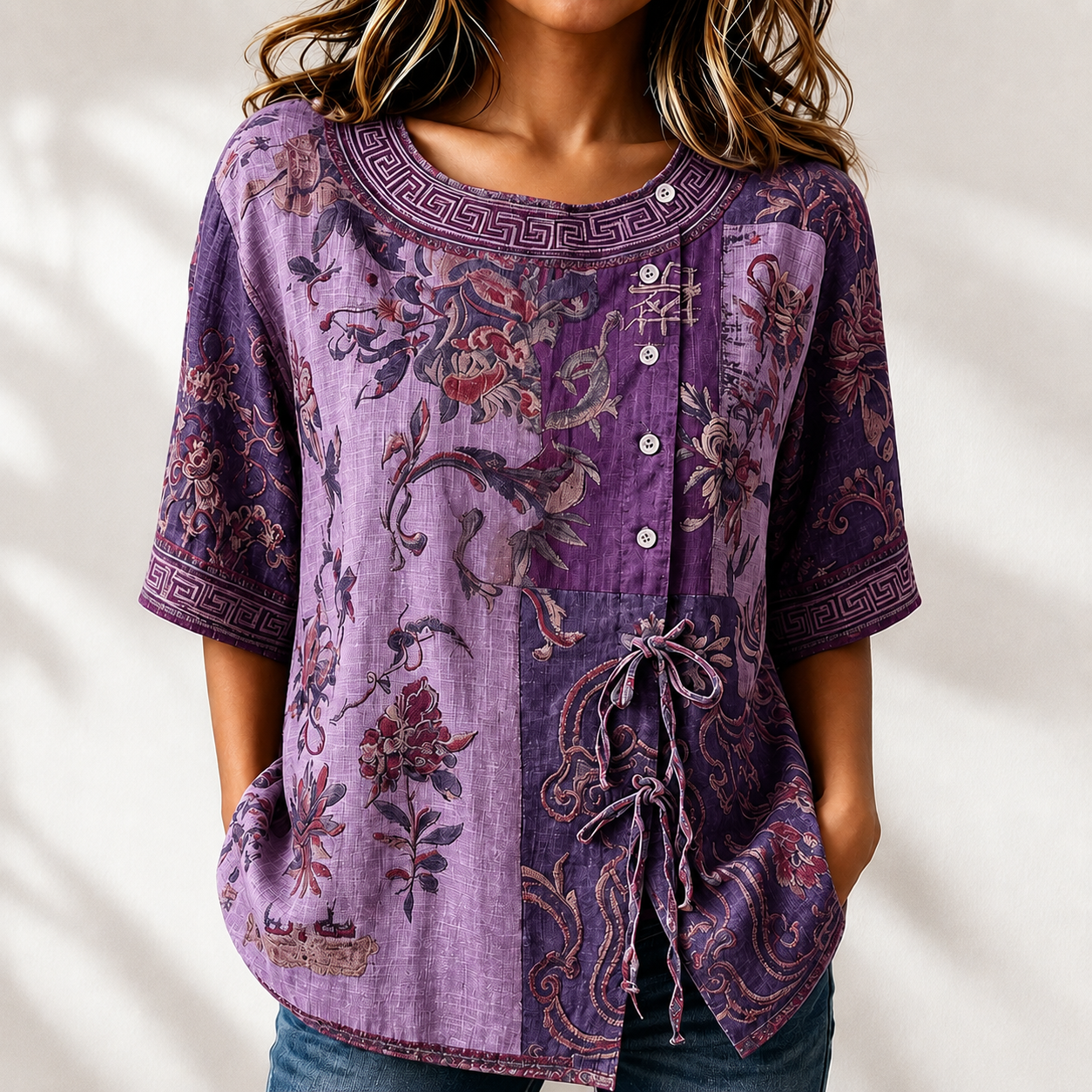 Women'S Vintage Floral Patchwork Relaxed Blouse