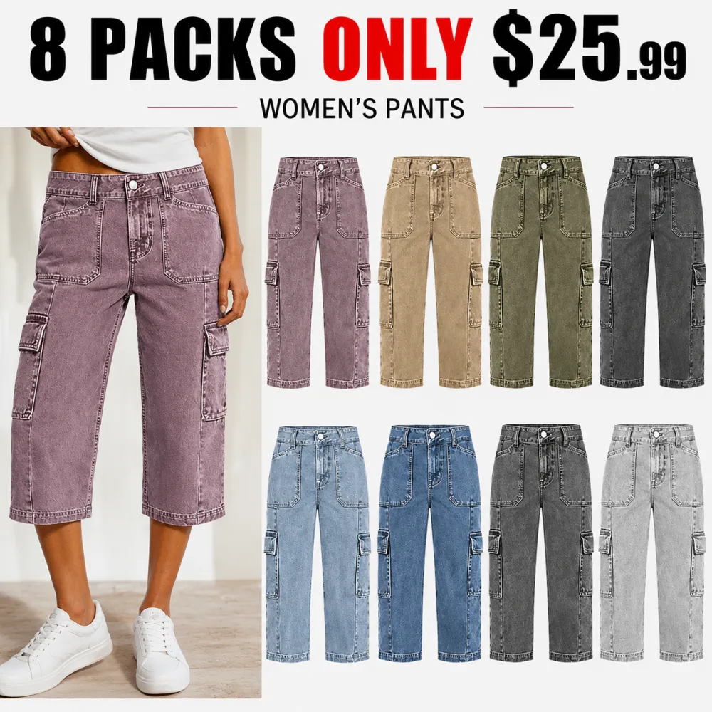 ⚡FINAL SALE⚡- 8 PACK Women’s Flap Pocket Stitch Detail Mid Waist Straight Leg Capri Pants