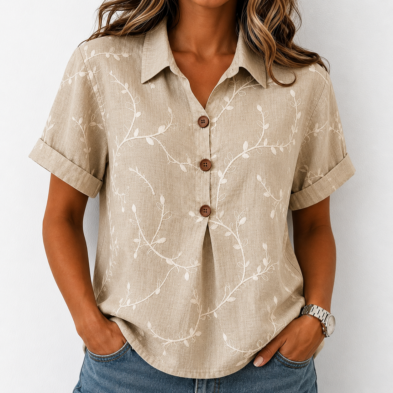 Women's Casual Short-Sleeve Positioning Print Cotton-Linen Top