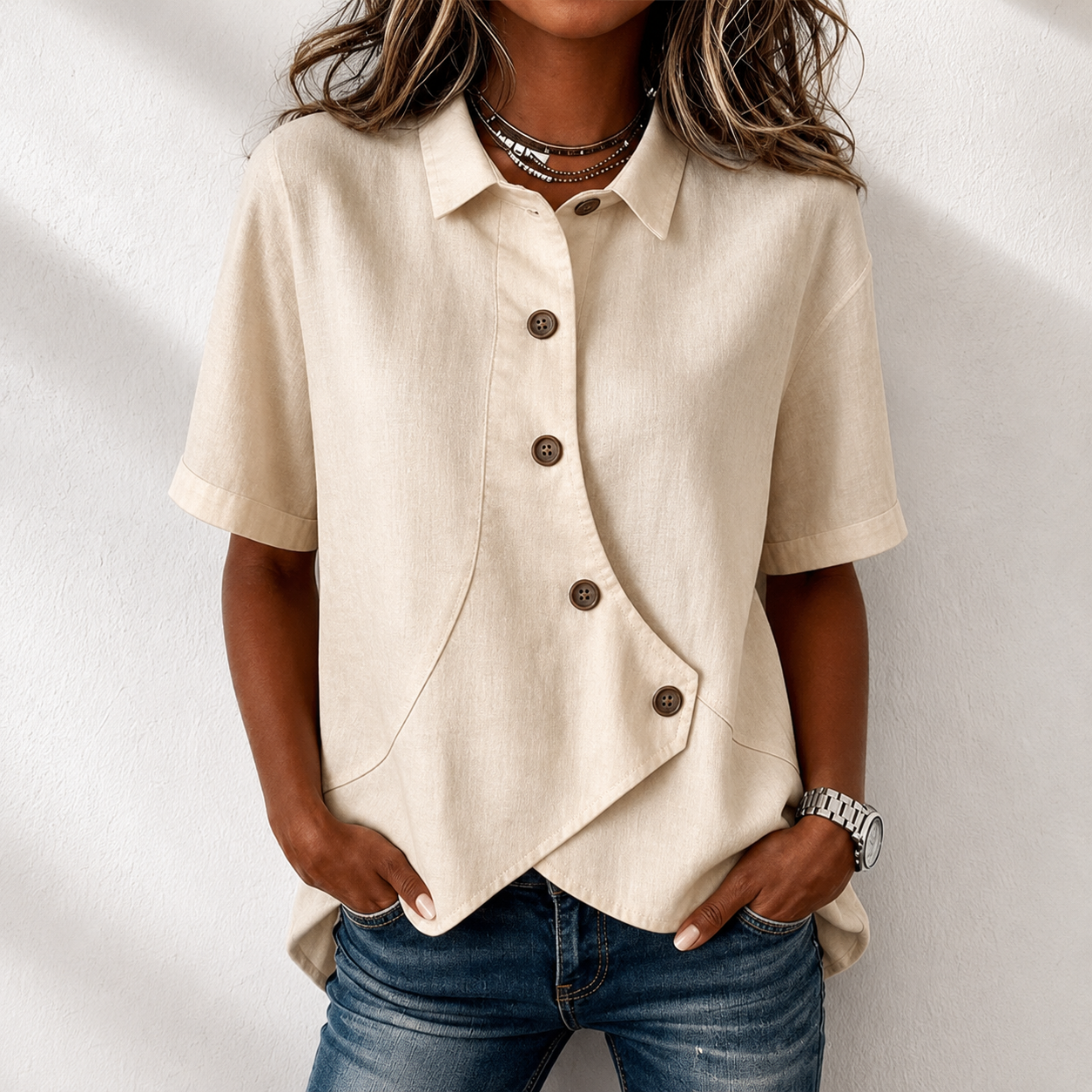 Elegant Solid Collared Button-up Short Sleeve Blouse