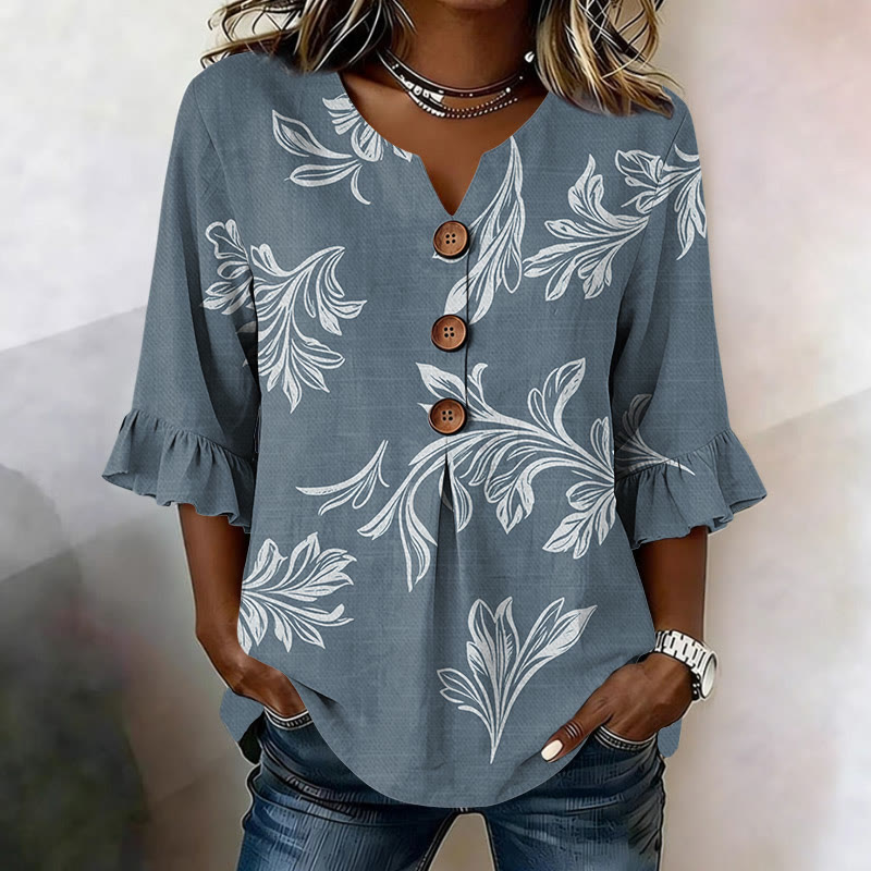 Vintage Flower Print Button V-neck Blouse With Ruffle Sleeves