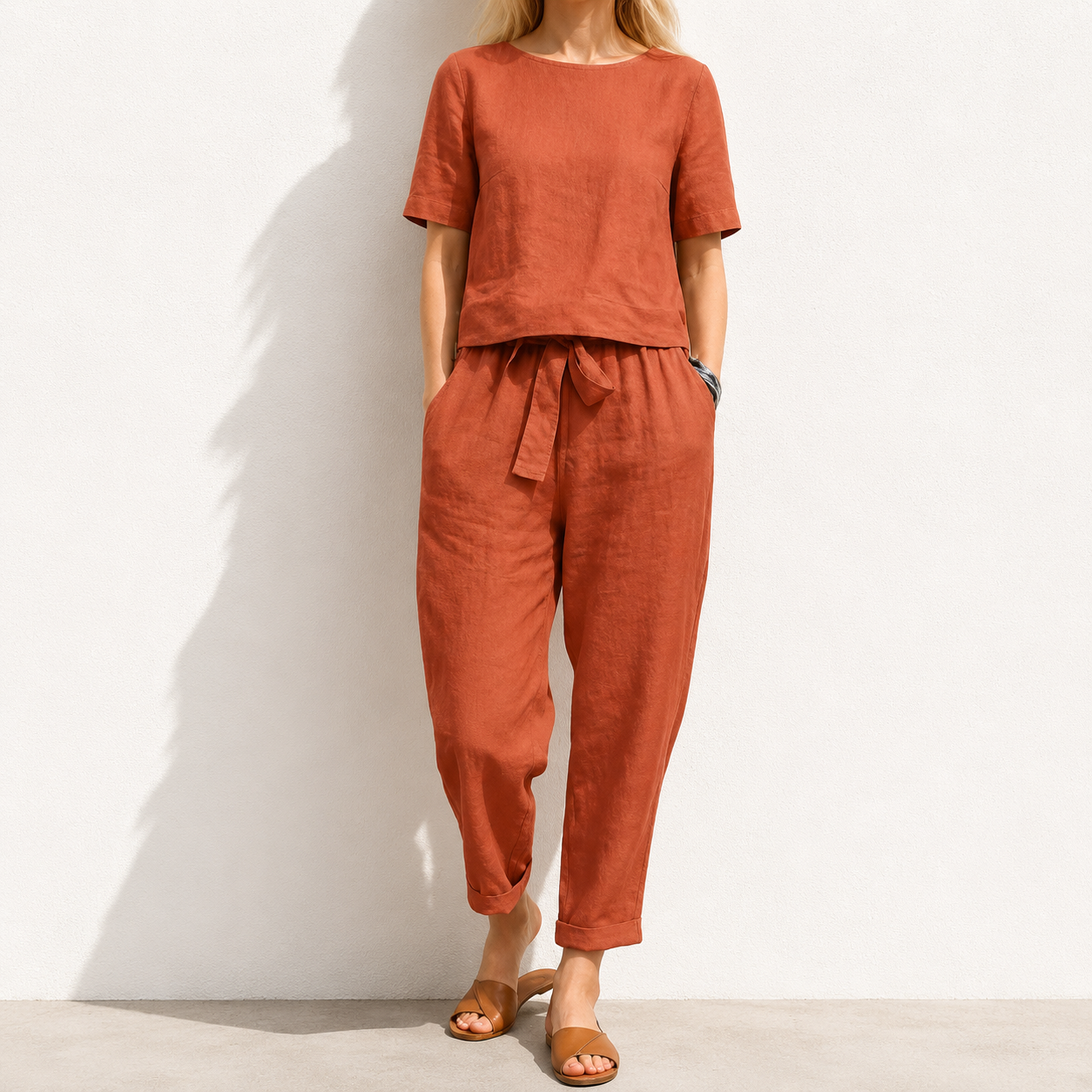 women's cotton and linen set half sleeve + wide leg pants