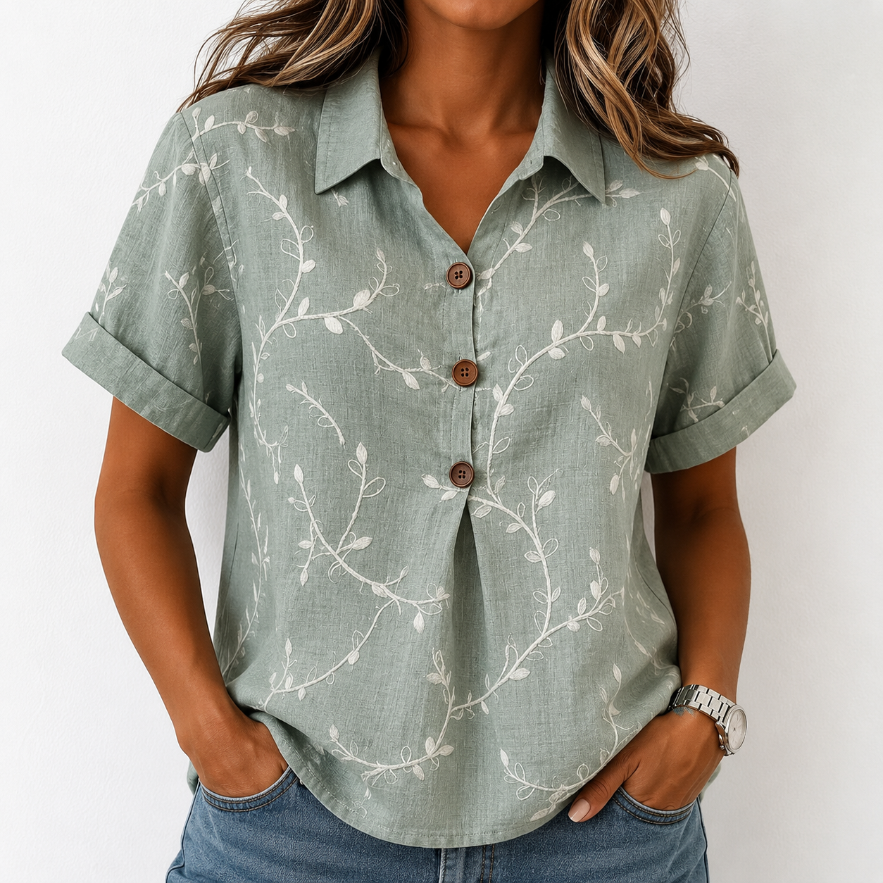 Women's Casual Short-Sleeve Positioning Print Cotton-Linen Top