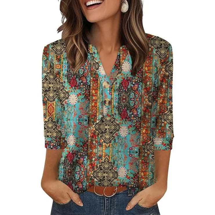 WIHOLL 3/4 Sleeve Tops Summer Outfits for Women Breathable Lightweight Blouses Air Conditioner Friendly Loose Fit Beach Vacation Girls Adjustable