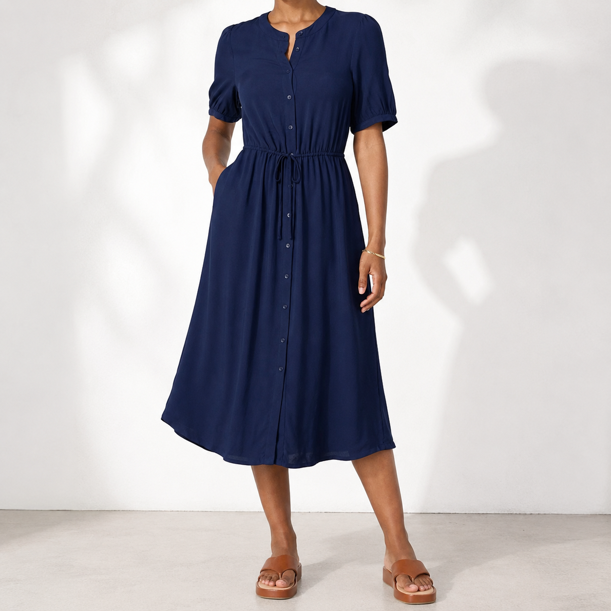Women's Fit and Flare Half-Sleeve Waisted Midi A-Line Dress with Pockets