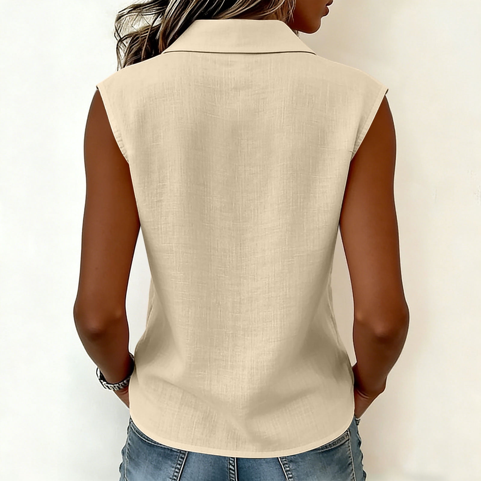 Rvasteizo Women Doll Collar Sleeveless Linen Texture Blouse with Front Button for Fresh Daily Casual Style
