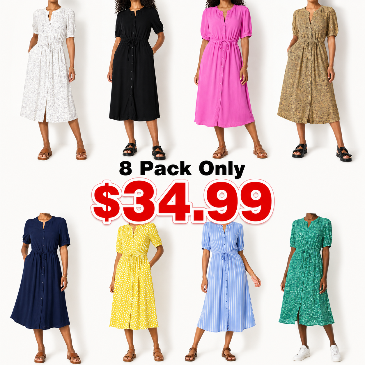 Women's Fit and Flare Half-Sleeve Waisted Midi A-Line Dress with Pockets