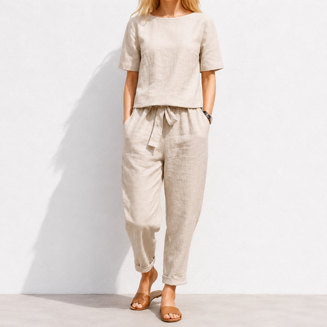 women's cotton and linen set half sleeve + wide leg pants