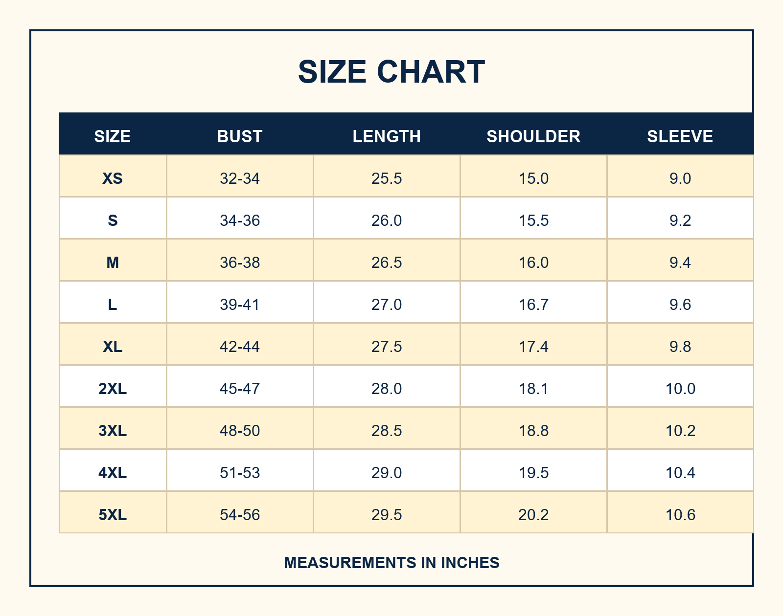 Women0710001 women's size chart XS to 5XL