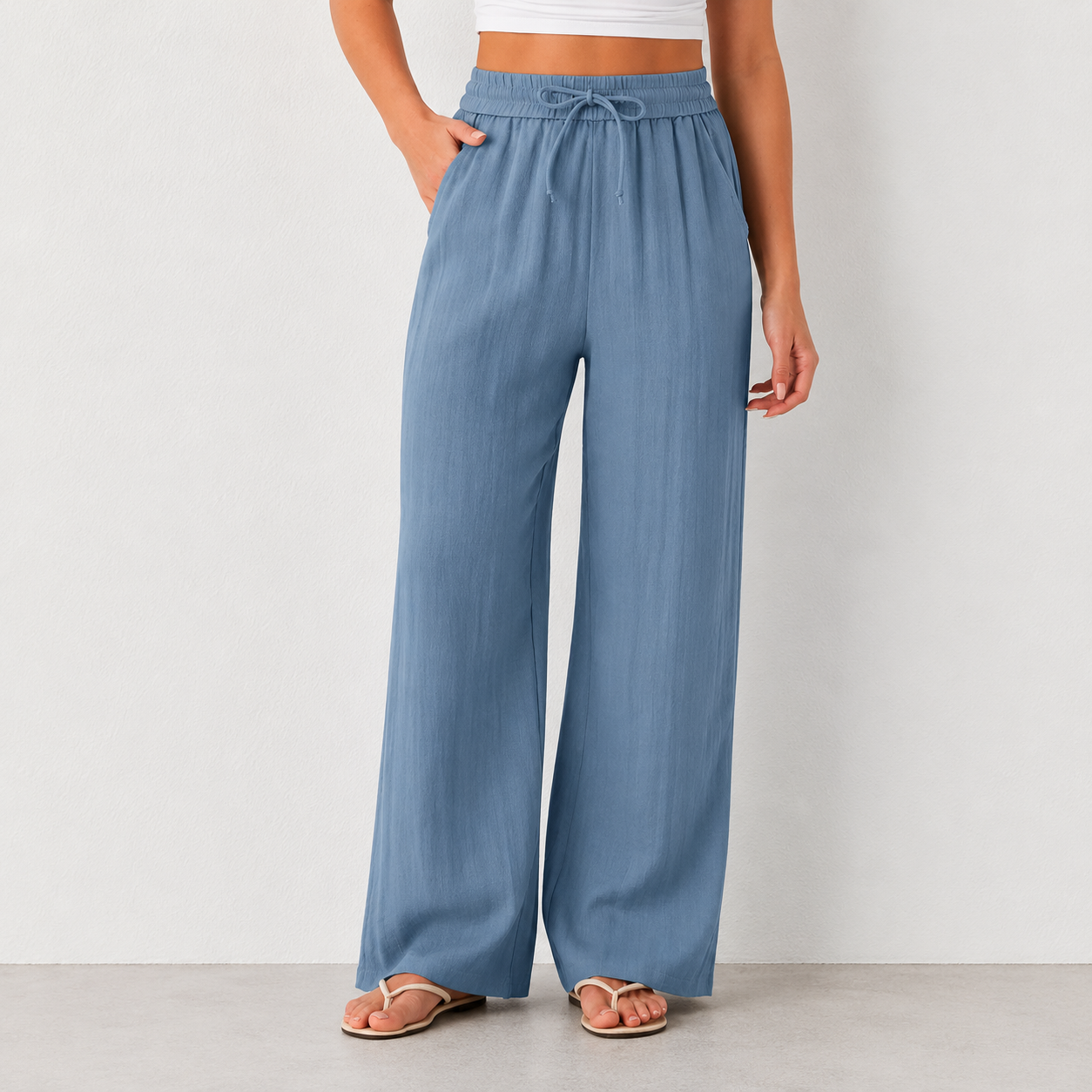 High Waisted Drawstring Pocket Wide Leg Casual Linen-Feel Pants