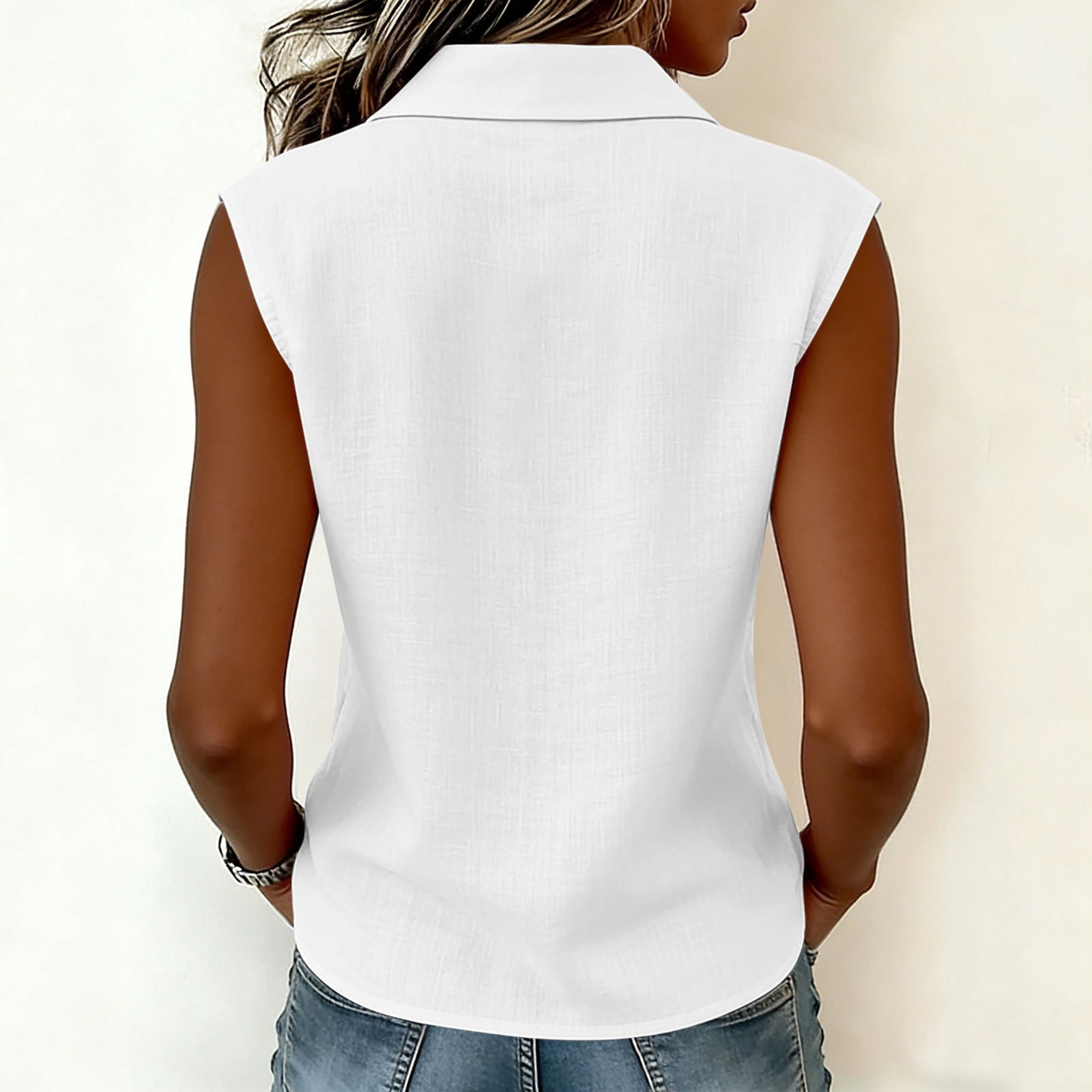Rvasteizo Women Doll Collar Sleeveless Linen Texture Blouse with Front Button for Fresh Daily Casual Style