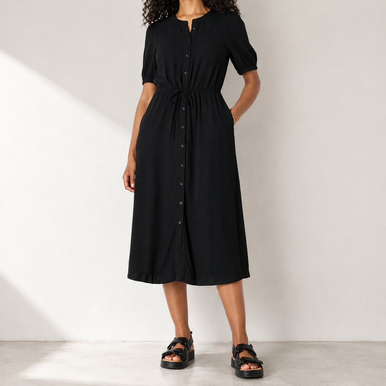 Women's Fit and Flare Half-Sleeve Waisted Midi A-Line Dress with Pockets