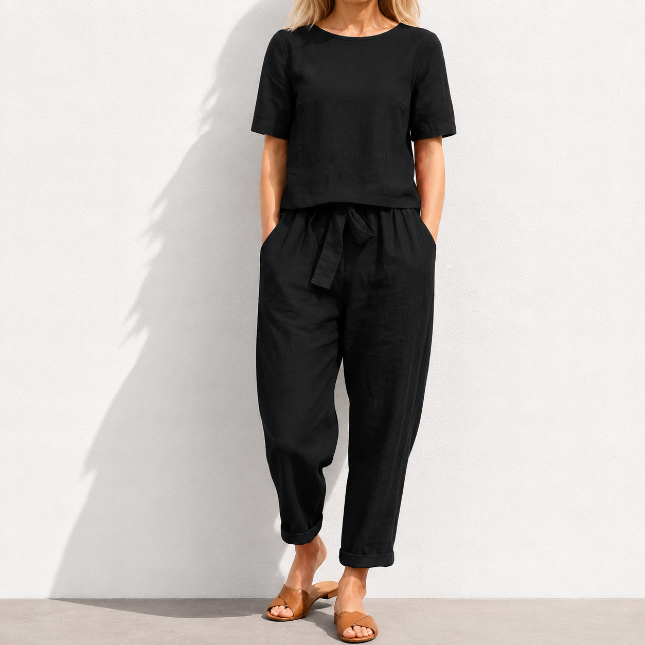 women's cotton and linen set half sleeve + wide leg pants