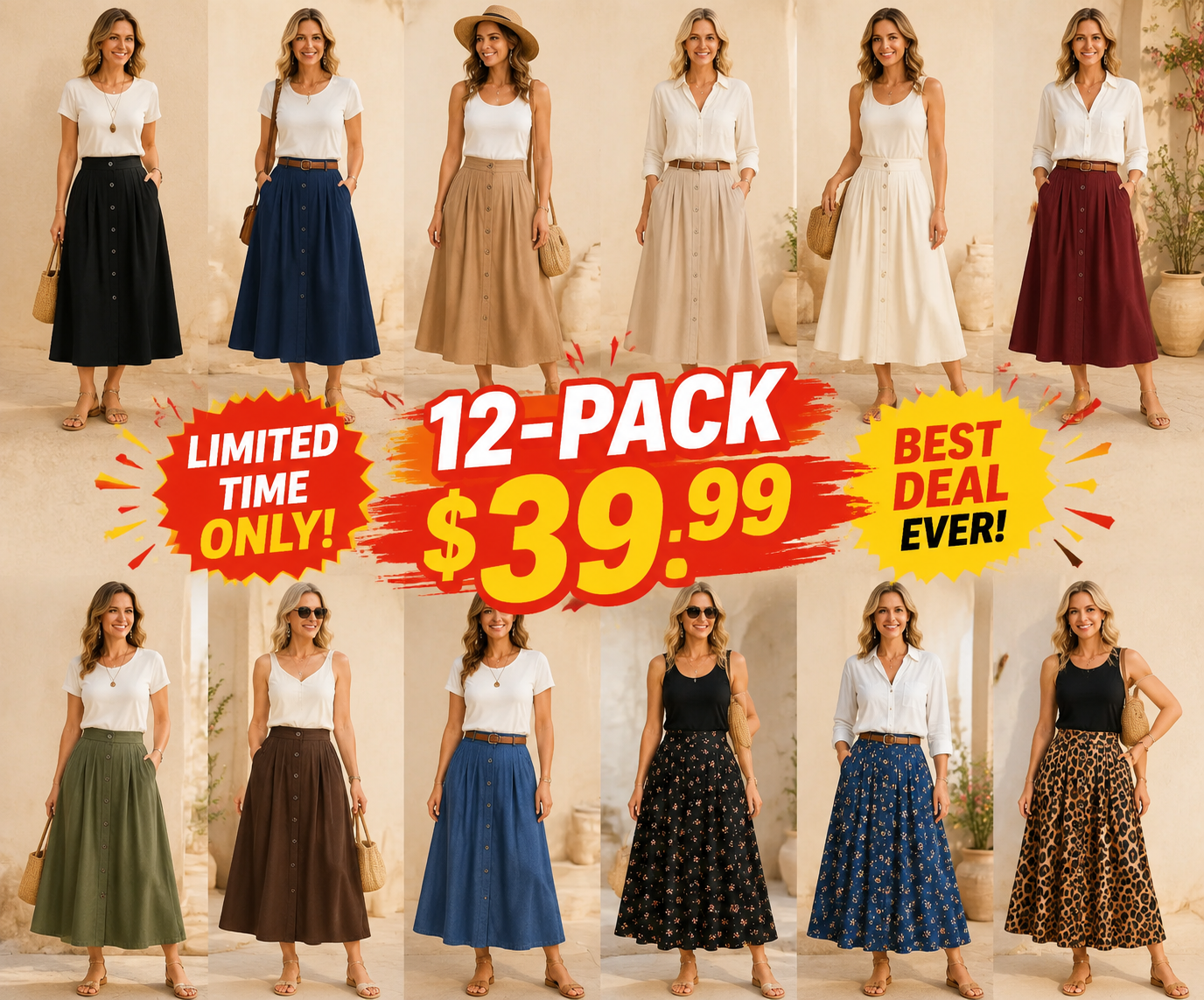 Women's Button-Front Pleated Midi Skirts