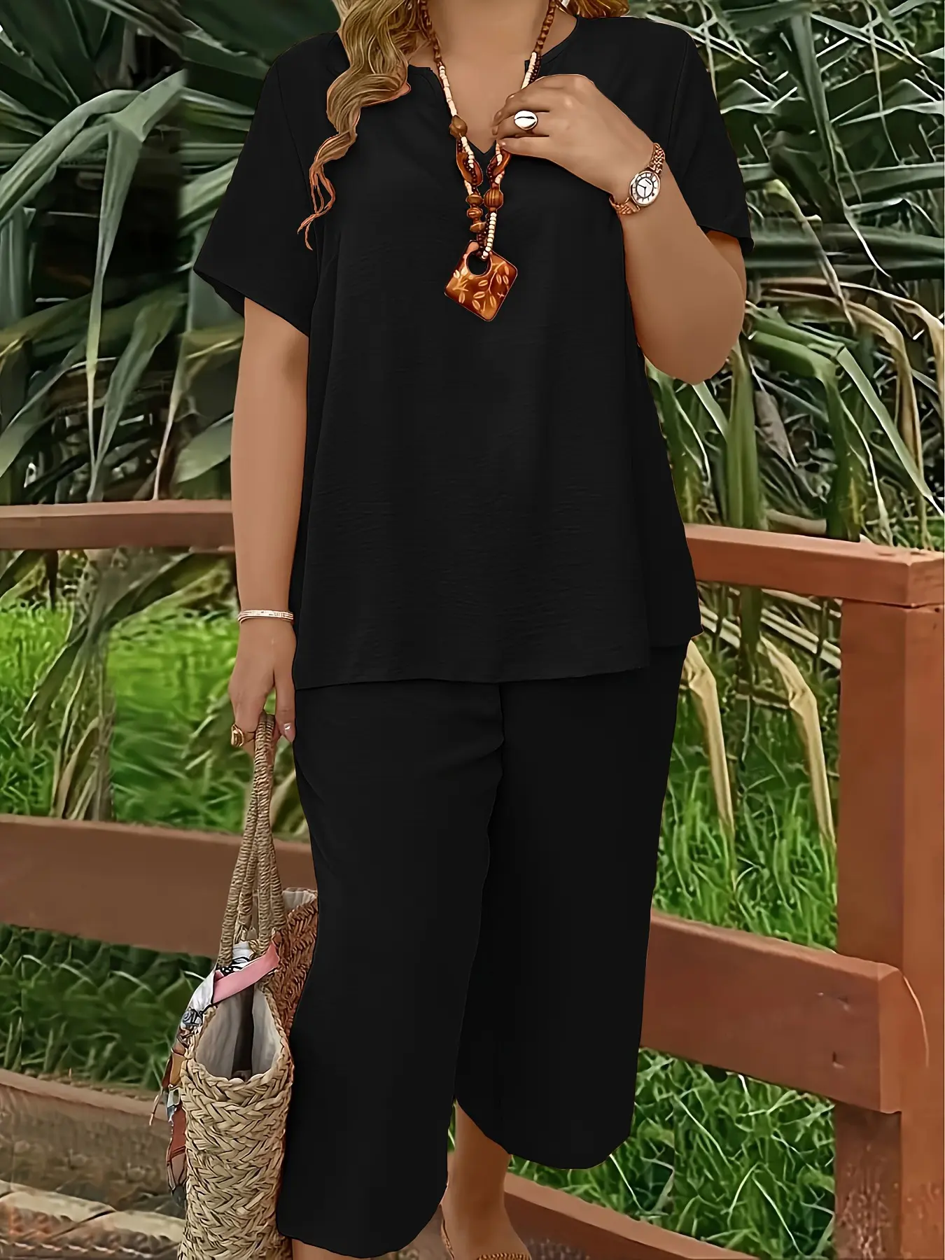 Women's Plus Size Elegant Wide Leg Pants Set - Solid Short Sleeve Casual Outfit - Mother's Day Gift