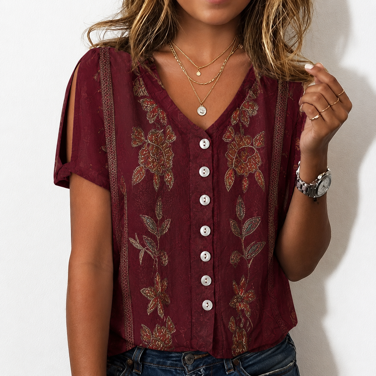 Loose Casual V Neck Printed Shirt