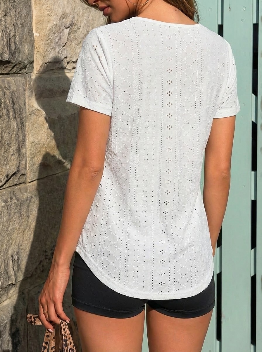 Women's Eyelet Top T Shirt Curved Hem Solid Color Tropical Stylish Casual Short Sleeve V Neck Long Tops Casual Going out Vacation Wear Black White Yellow Pink Red Summer Spring 2026 - $18.49 &ndash;P4