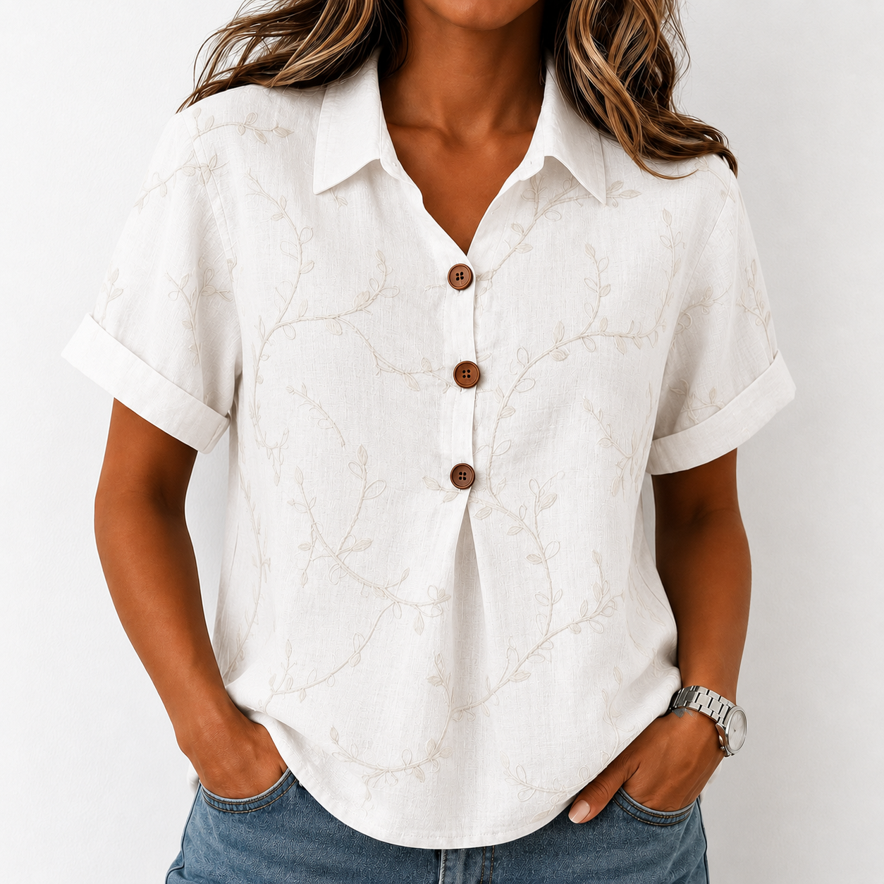 Women's Casual Short-Sleeve Positioning Print Cotton-Linen Top