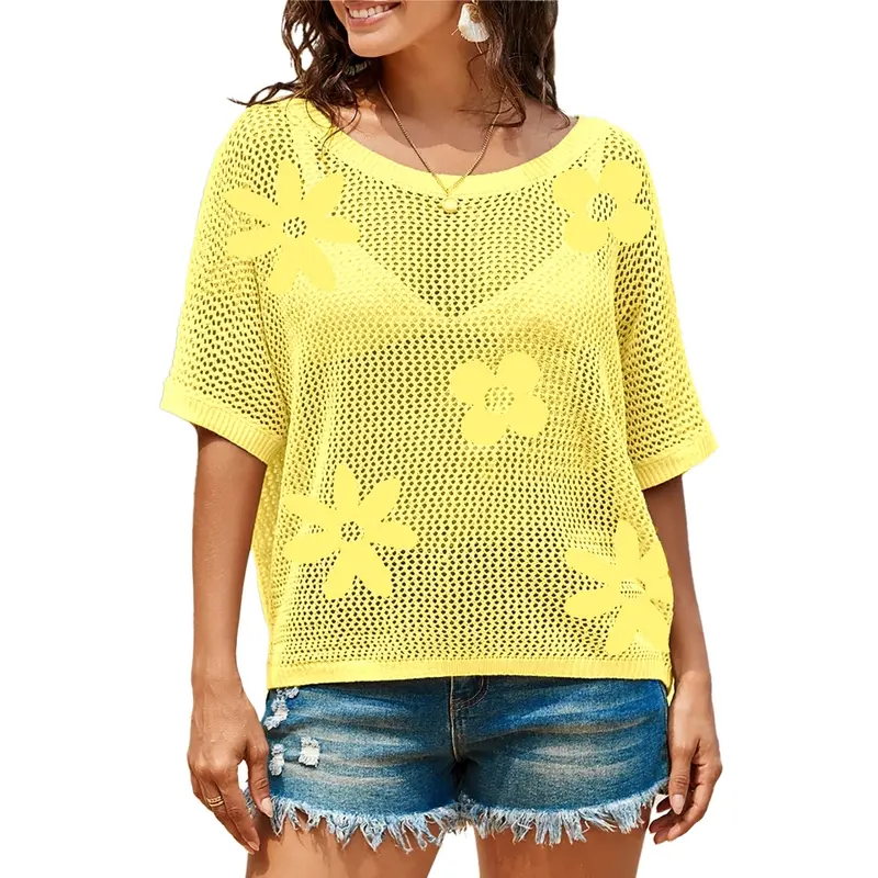 Womens Floral Fashion Summer Tops 2026 Short Sleeve Crochet Sweaters Swimsuit Cover Ups Lightweight Knit Pullover
