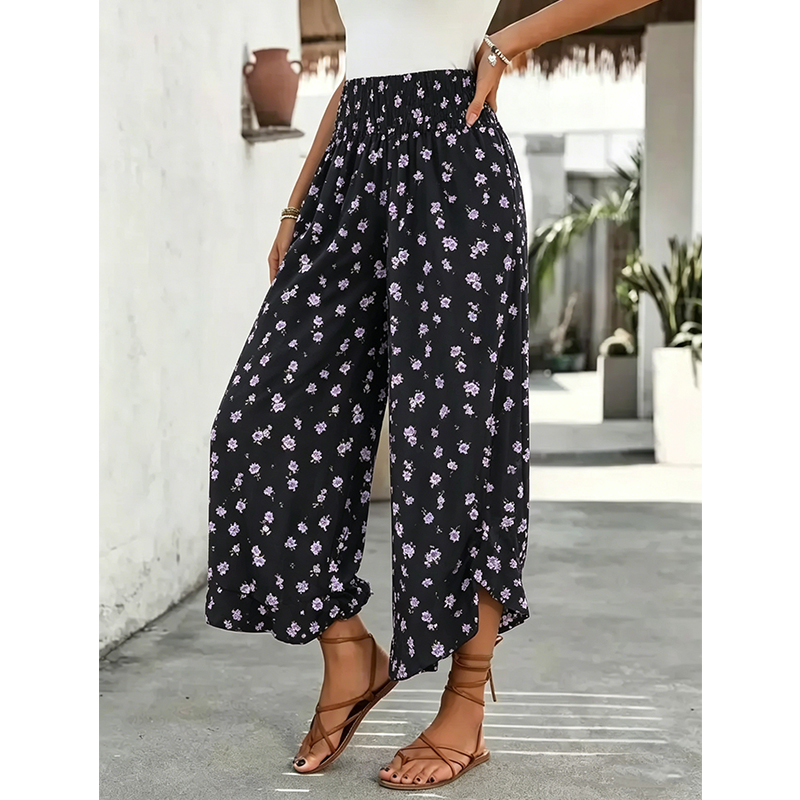 Women's Ditsy Floral Print Wide Leg Pants, Boho Casual Comfy Trousers for Summer, Women's Clothes for Daily Wear