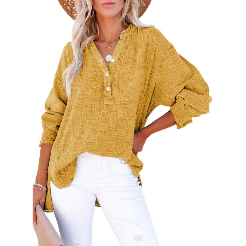 Dokotoo Women's Casual Button V Neck Long Sleeve Shirts Oversized Solid Blouses Tops 100% Cotton Boyfriend Style Loose Fit