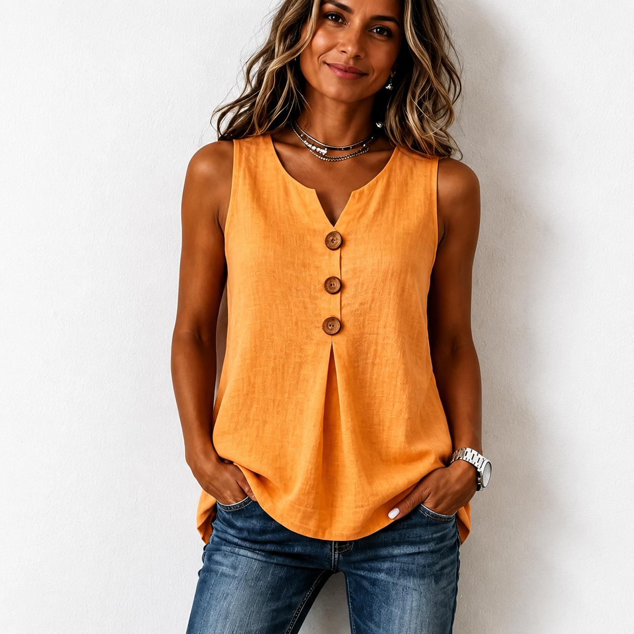 Three-Button Sleeveless Solid Color Tank Top