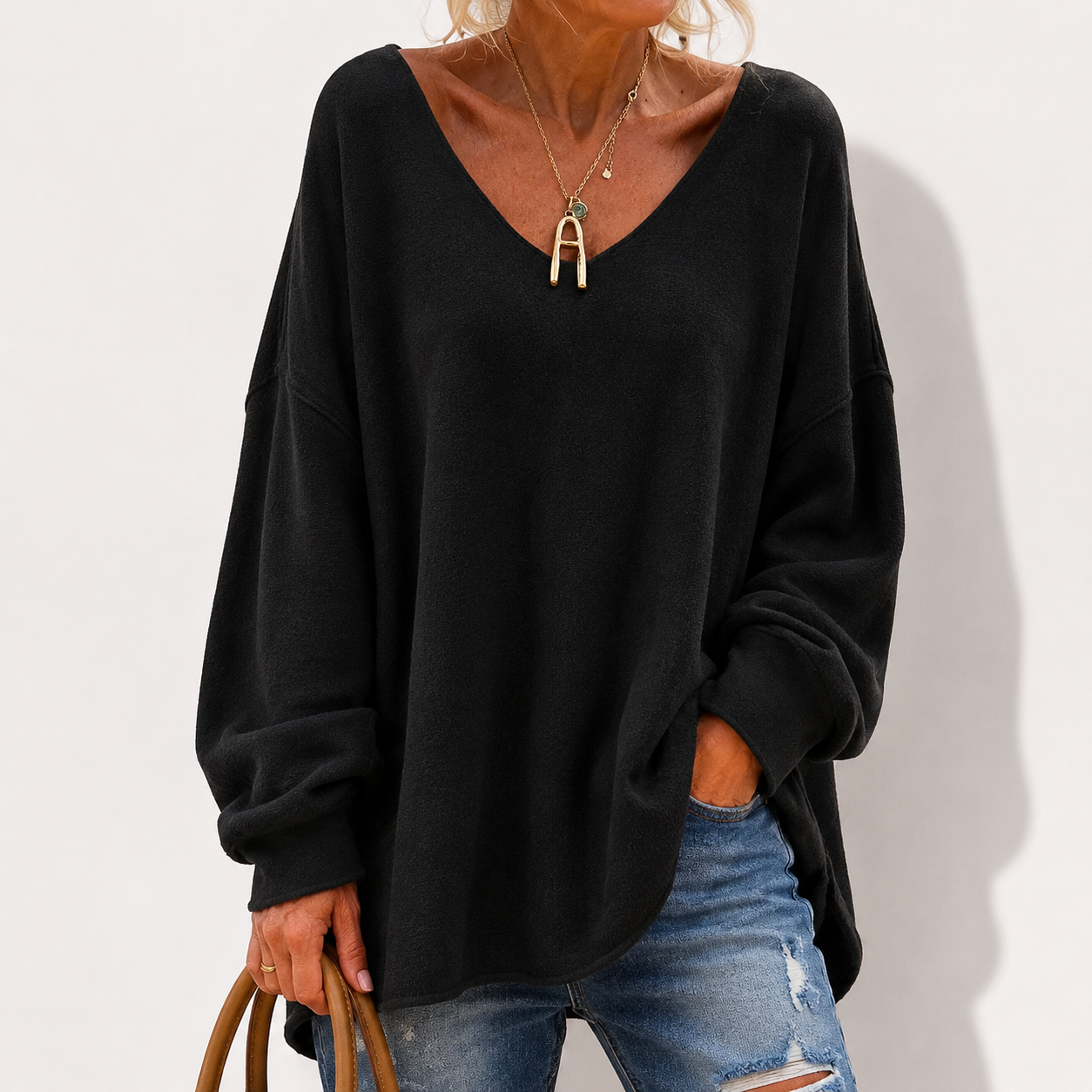 Crew Neck Fuzzy Solid Casual Long Sleeve Women Knitted Shirt