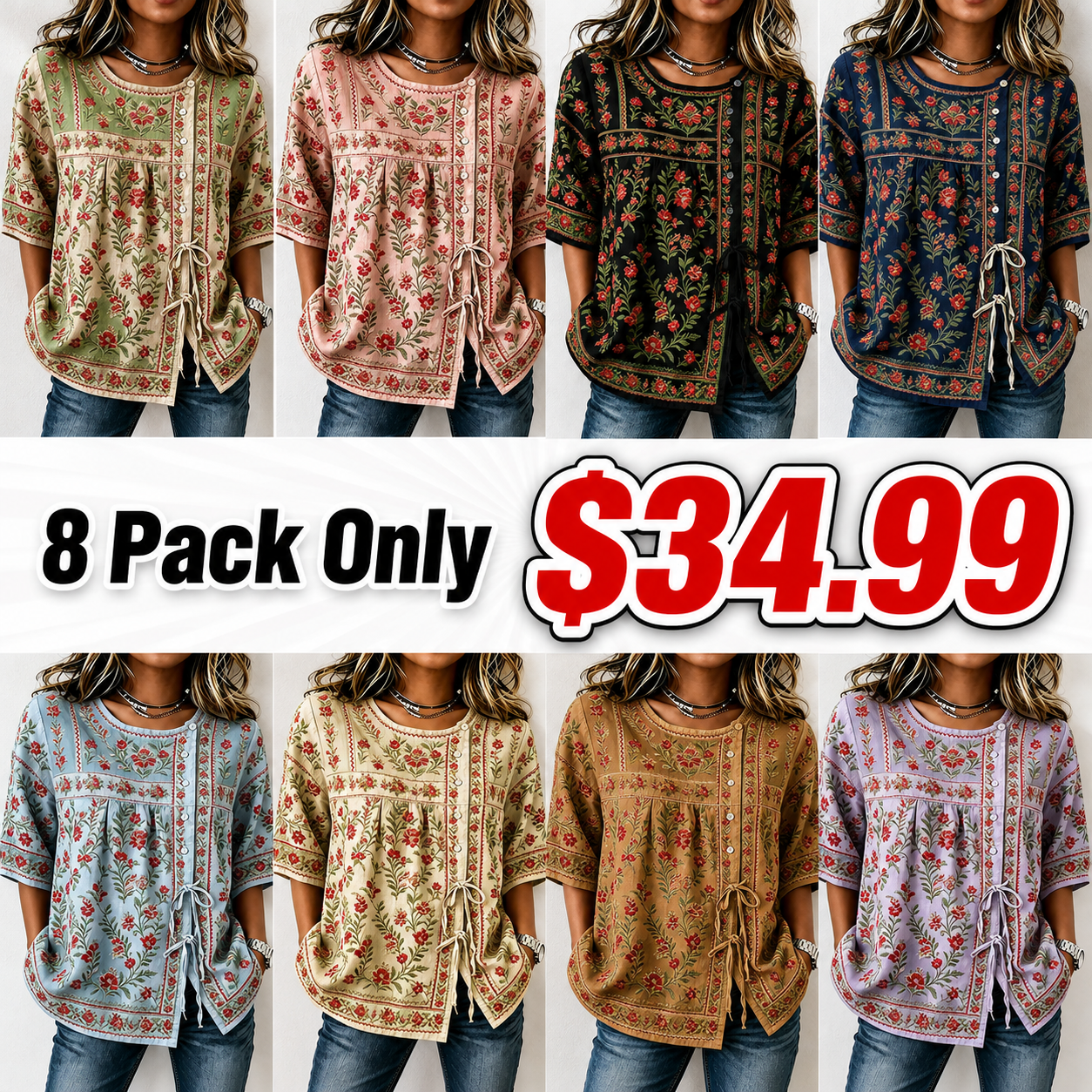 Women's Boho Floral Tie-Front Blouse