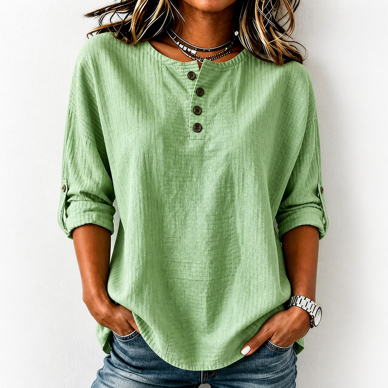 Women'S Casual Cotton And Linen 9-Quarter Sleeved Button Up Top