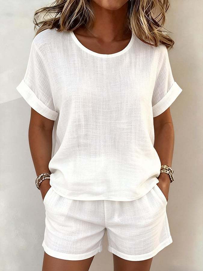 New Summer Arrival: Women's Solid-Color Casual Two-Piece Set — Crew Neck Short-Sleeve Top & Shorts