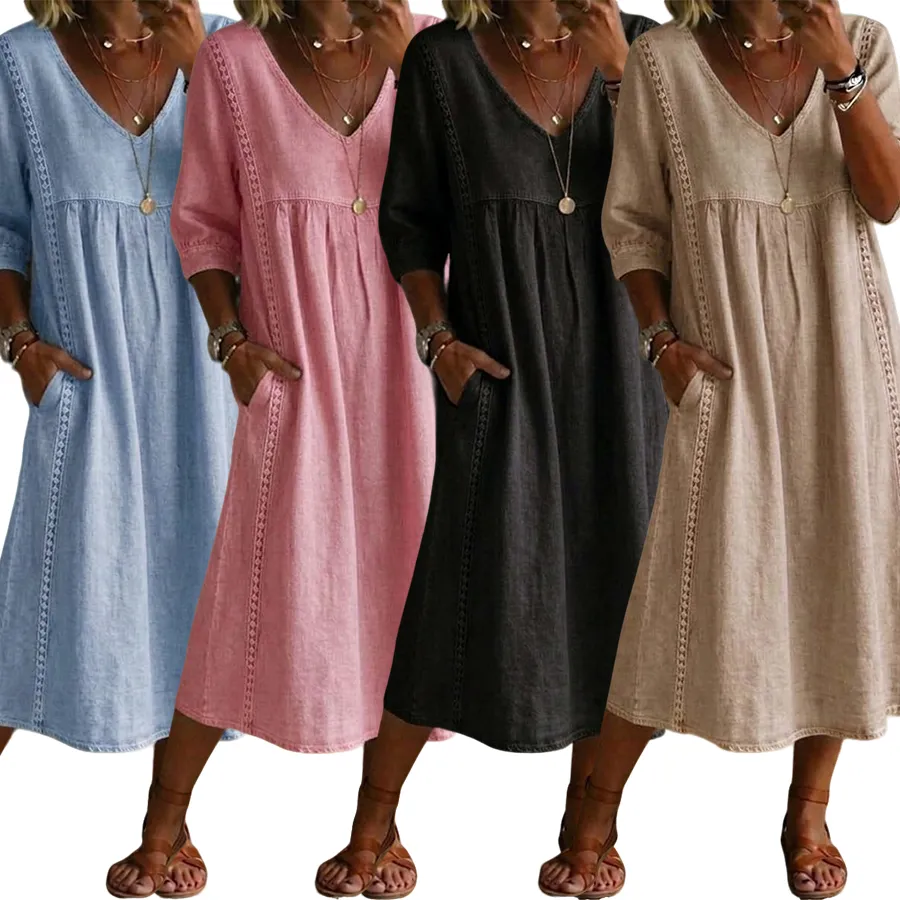 New Arrivals🔥Women's Casual Loose-fitting Patchwork Lace Trim Linen And Cotton Dress
