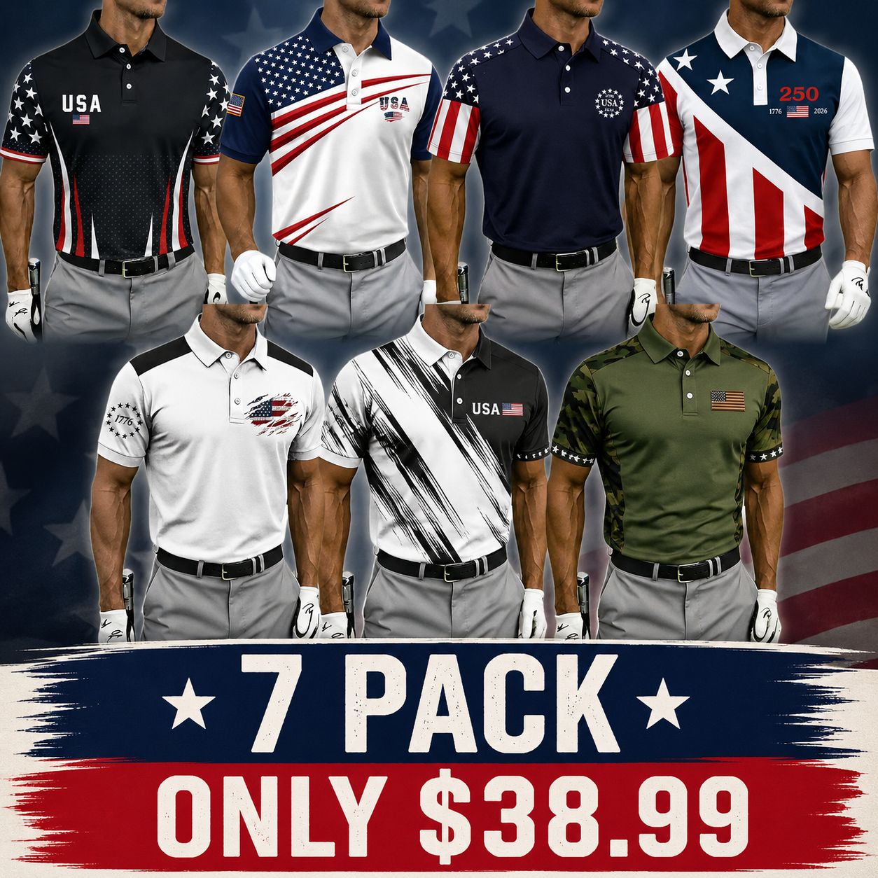 Mens Short Sleeve Polo Shirts 250th Anniversary USA Shirt Flag Print Patriotic 4th of July