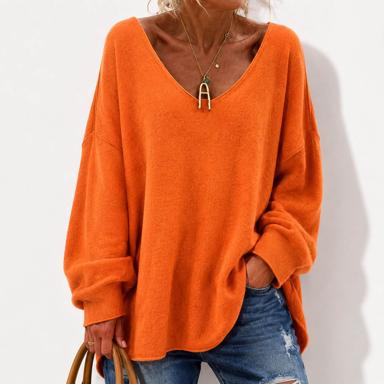 Crew Neck Fuzzy Solid Casual Long Sleeve Women Knitted Shirt