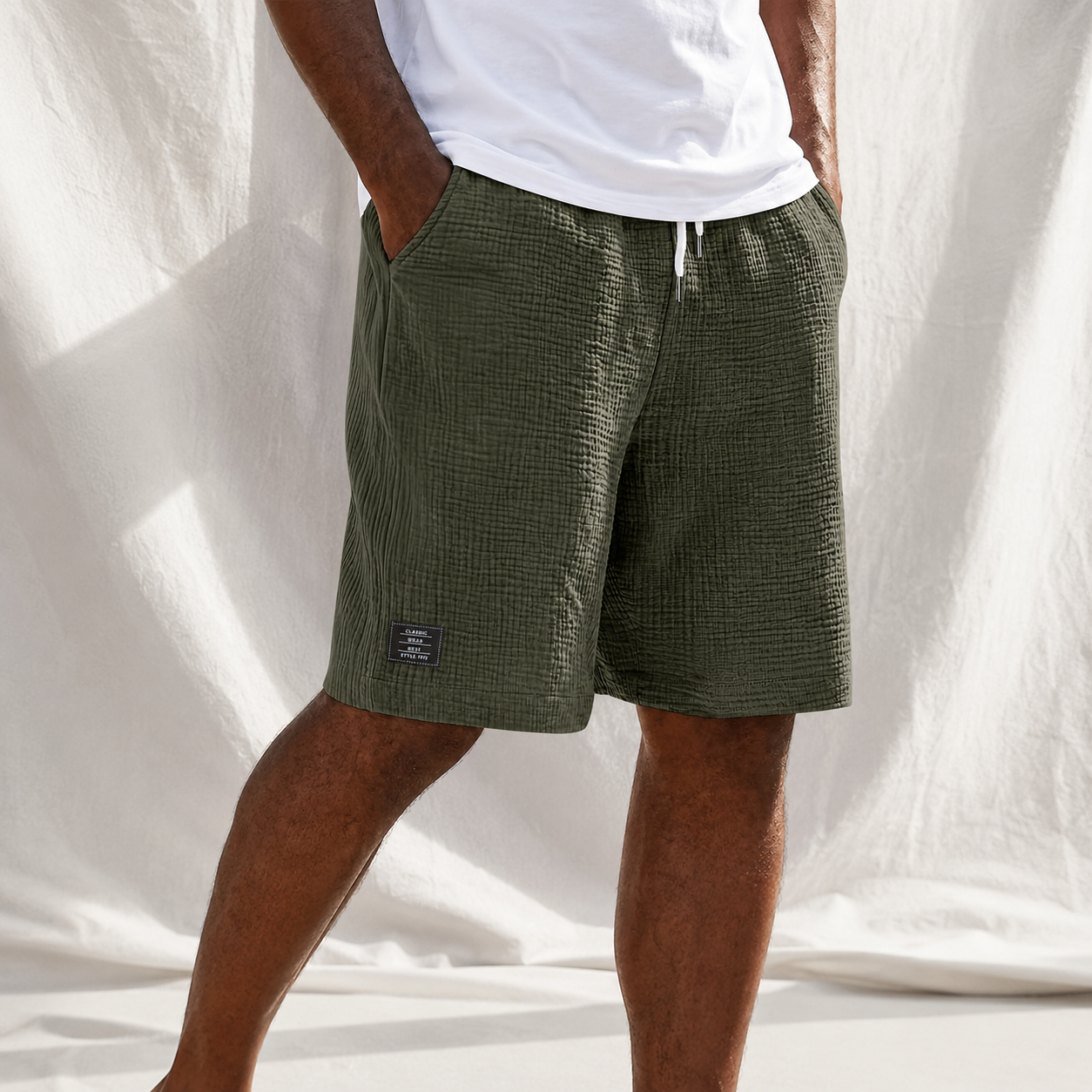 Men's Linen Crinkle Textured Logo Shorts